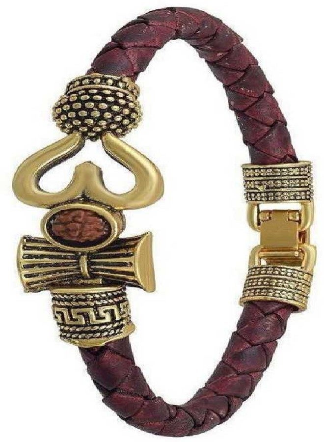 ASTRODIDI Trishul Damru Lord Shiva Om Rudraksha Golden Color Leather Look Mahadev Mahakal Shiva Bhakt Bahubali Free Size Kada Bracelet for Men & Women (Brown & Gold) - Image 2