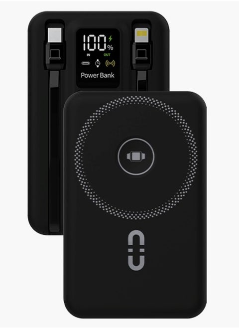 10000 mAh MagSafe Power Bank PD 22.5W Fast Charger  with Built-in Type-C and Lighting Cables / Digital Display / 15W Wireless Charger Powerbank 10000mAh / Simultaneous Charging - Black