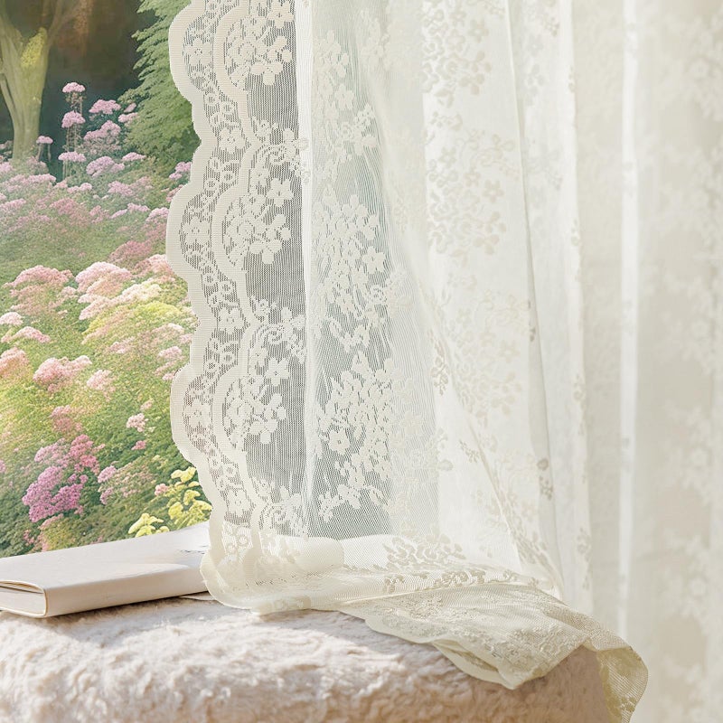 Anmao Vintage Lace Curtains 84 Inches Long 2 Panels Set, Romantic Elegant Light Filtering Semi Sheer Floral Thick Lacy Curtain Drapes for Living Room and Bedroom, Each Panel 55W x 84L, Ivory White - Image 1