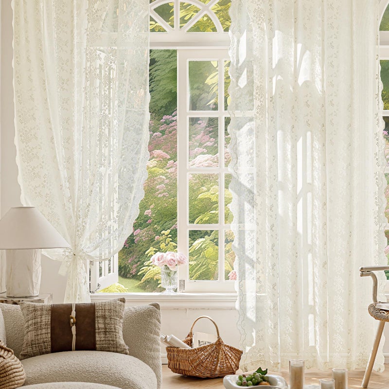 Anmao Vintage Lace Curtains 84 Inches Long 2 Panels Set, Romantic Elegant Light Filtering Semi Sheer Floral Thick Lacy Curtain Drapes for Living Room and Bedroom, Each Panel 55W x 84L, Ivory White - Image 5