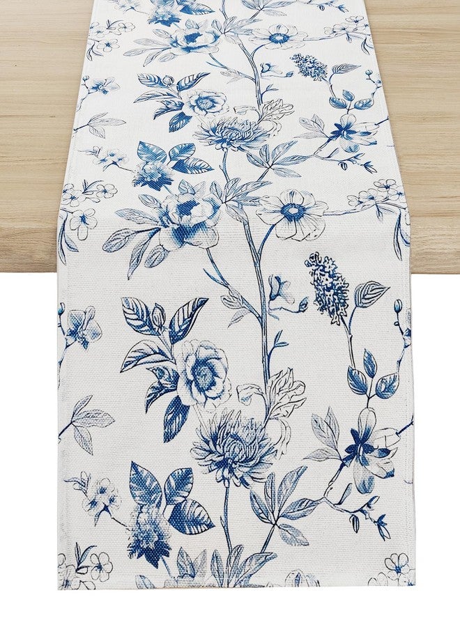 Rotumaty Blue and White Floral Table-Runner - Monochrome Sketch Flowers Chinoiserie Peony Daisy Decor Summer Spring Seasonal Home Decorations for Kitchen Dining Table Party Ornaments 13 × 72 Inch - Image 1
