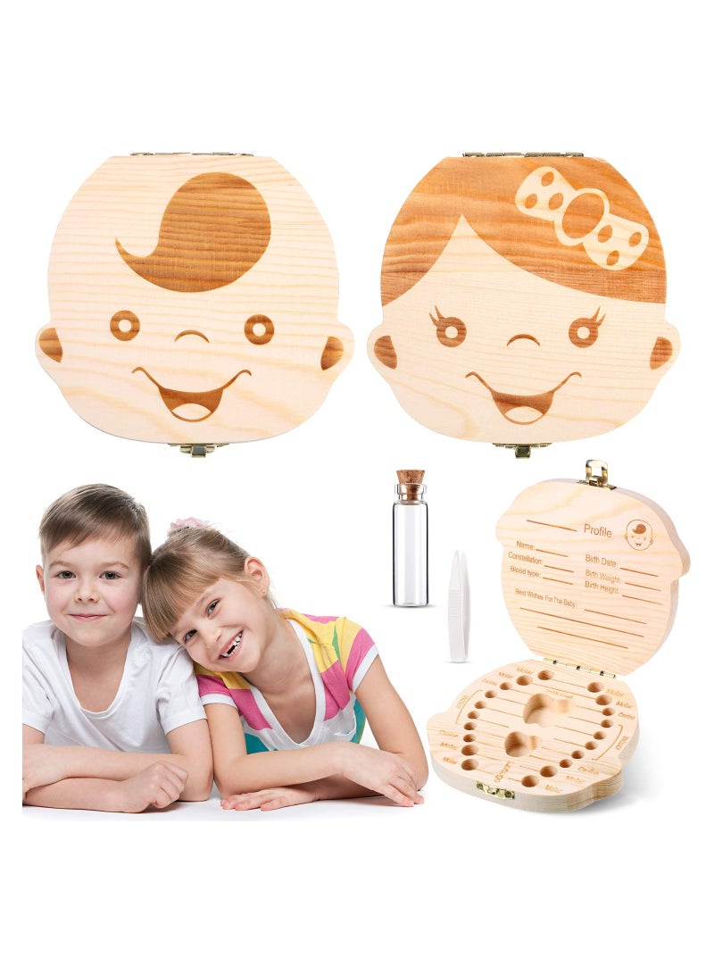 2 Wooden Baby Tooth Box, Cute Children Tooth Storage Container Kids Keepsake Organizer Gift Tooth Saver Box with Tweezers and Lanugo Bottle to Keep The Childhood Memory (Girl and Boy) - Image 1