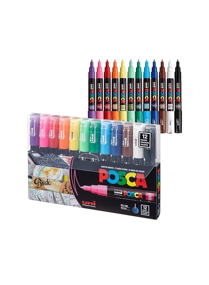 قلم ماركر طلاء Uni-posca – رأس دقيق للغاية، مجموعة 12 قلم (PC-1M12C)