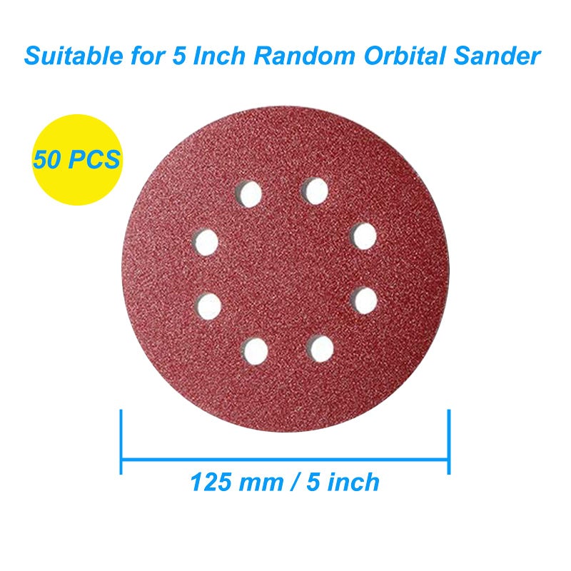 XBrand XBrand 50 Pcs 125mm Sanding Discs Pads, Premium 8 Hole 120 Grit Hook and Loop Sandpaper Sheet for Random Orbital Sander. - Image 2