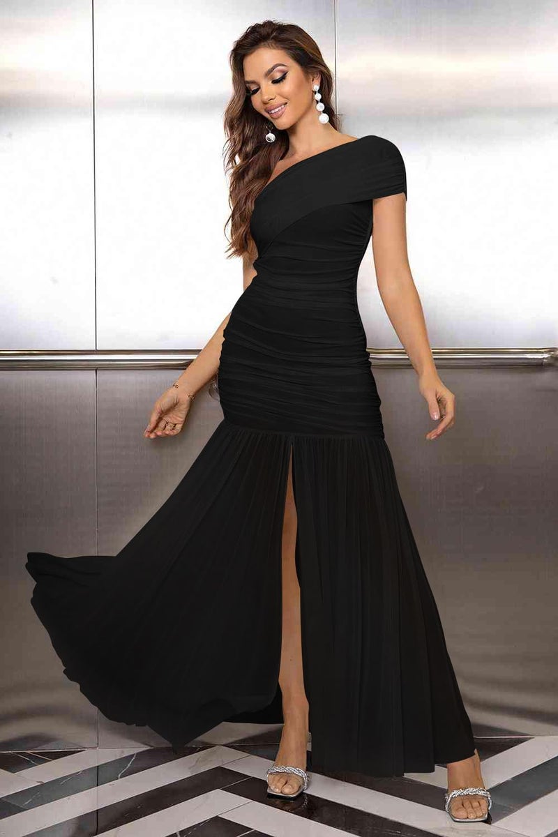 LAGSHIAN Women's Elegant Formal Long Dress One Shoulder Sleeveless Ruched Bodycon Evening Dress Black - Image 4