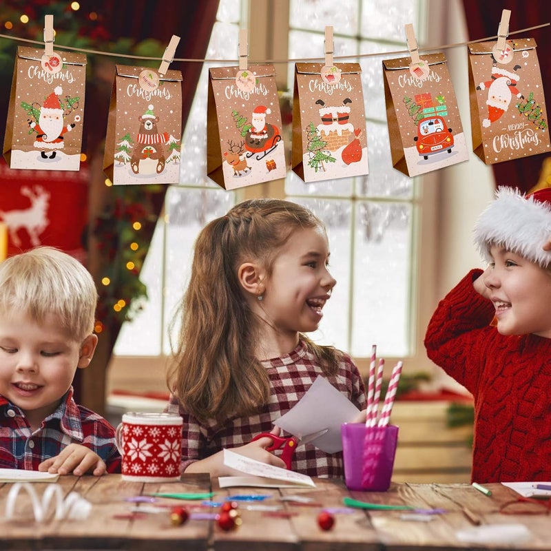 Konsait تقويم العد التنازلي لعيد الميلاد من كونسايت زينة عيد الميلاد 24 يومًا أكياس هدايا تفضيلات DIY تقويم العد التنازلي أكياس عيد الميلاد لملء الحفلات مع ملصقات الأرقام الملصقة والمشابك والحبل - Image 5