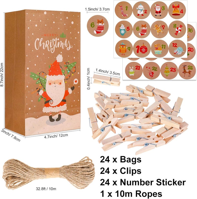 Konsait تقويم العد التنازلي لعيد الميلاد من كونسايت زينة عيد الميلاد 24 يومًا أكياس هدايا تفضيلات DIY تقويم العد التنازلي أكياس عيد الميلاد لملء الحفلات مع ملصقات الأرقام الملصقة والمشابك والحبل - Image 2