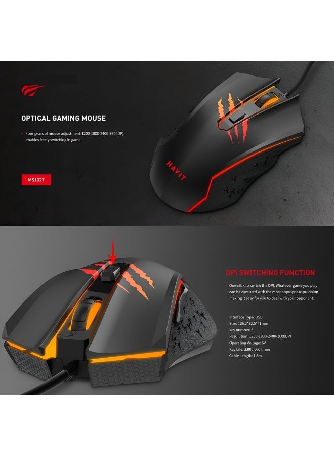 هافيت ماوس ألعاب احترافي HAVIT GAMENOTE MS1027 بإضاءة تنفس RGB – 4 مستويات DPI حتى 3600 – تصميم مريح مضاد للانزلاق – لون اسود - Image 3