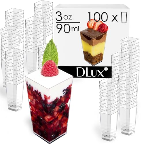 DLux 100 x 3 oz Mini Dessert Cups no Spoons Square Tall  Clear Plastic Parfait Appetizer Cup  Small Reusable Serving Bowl for Tasting Party Desserts Appetizers  With Recipe eBook