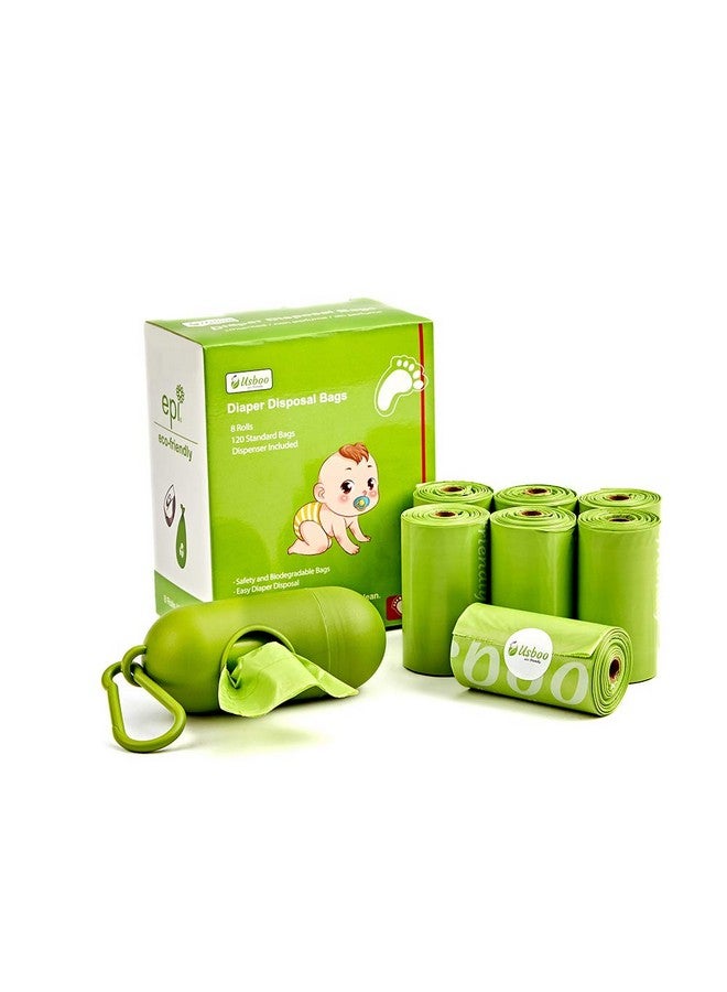 USBOO Baby Disposable Diaper Bags, Waste Bags 8 Refill Rolls/120 Bags with Dispenser, Convenient and Quick Diaper Disposal, Unscented - Image 1