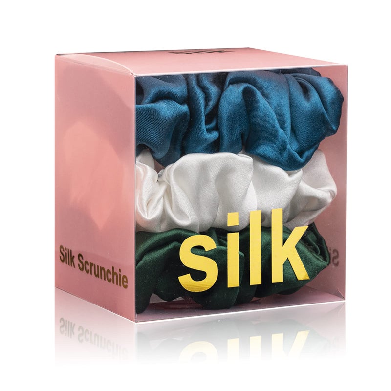 Silk Scrunchies for Hair 100 Mulberry Silk Hair Ties 3 PackWhite Peacock Blue Emerald