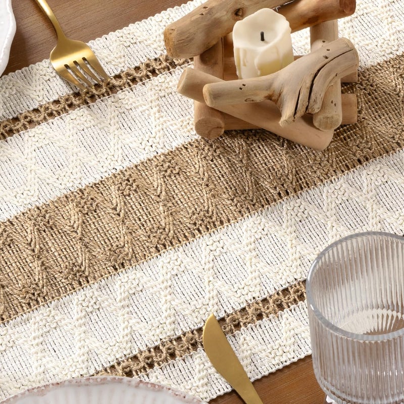 DeZerlor Boho Macrame Table Runner Farmhouse Woven Small Table Runner with Tassels 36 Inches Ivory& Burlap Brown Cotton Linen Kitchen Table Centerpiece for Dining Dresser Home Tea Table Decor - Image 3