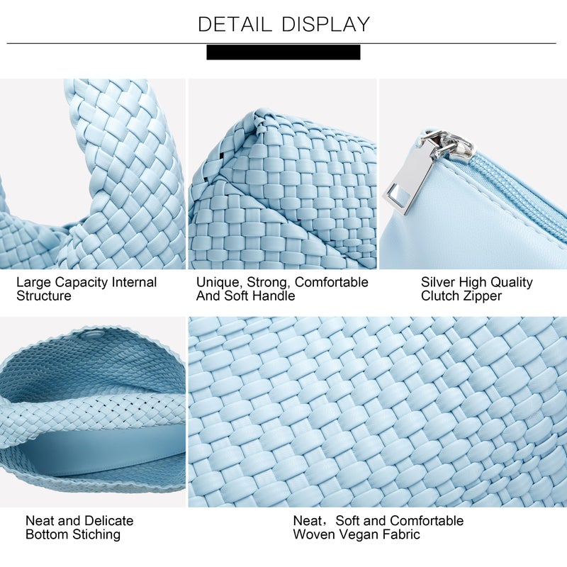 Queenoris Fashion Woven Purse for Women Top-handle Shoulder Bag Soft Summer Hobo Tote Bag (Sky Blue, Medium) - Image 5