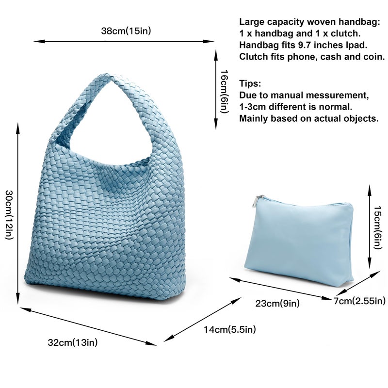 Queenoris Fashion Woven Purse for Women Top-handle Shoulder Bag Soft Summer Hobo Tote Bag (Sky Blue, Medium) - Image 3