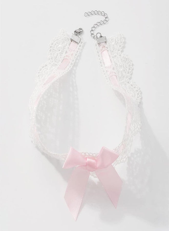 Asphire Sexy Lace Bow-knot Collar Choker Necklace Kawaii Lolita Heart Flower Choker Tie Cravat Jewelry Gift for Women(Pink and white) - Image 2