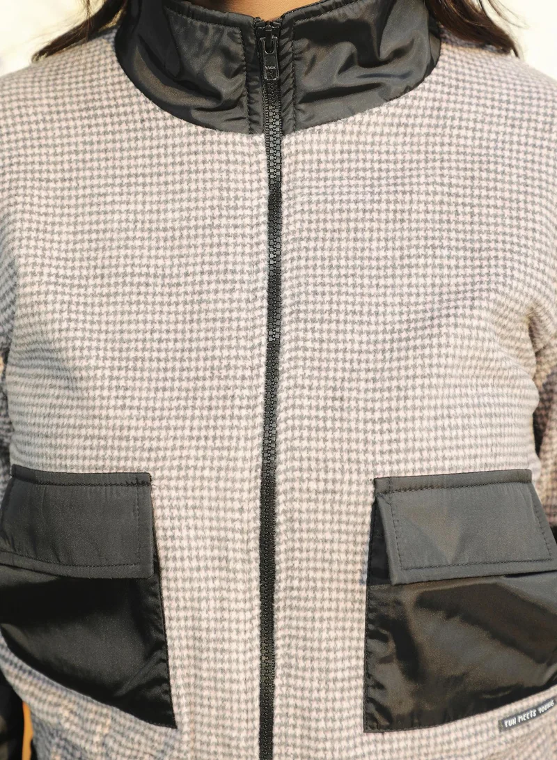 Campus Sutra Women's Black & Grey Contrast Houndstooth Jacket