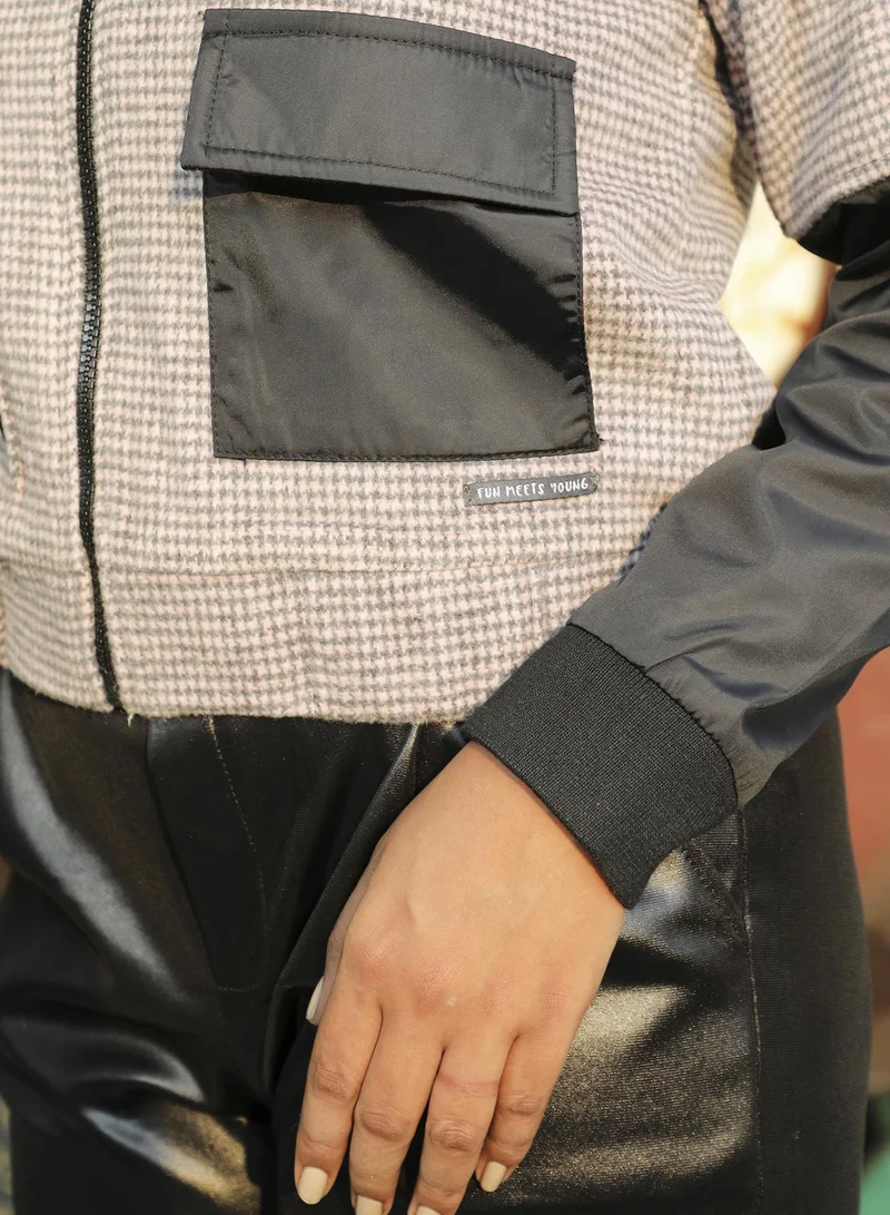 Campus Sutra Women's Black & Grey Contrast Houndstooth Jacket