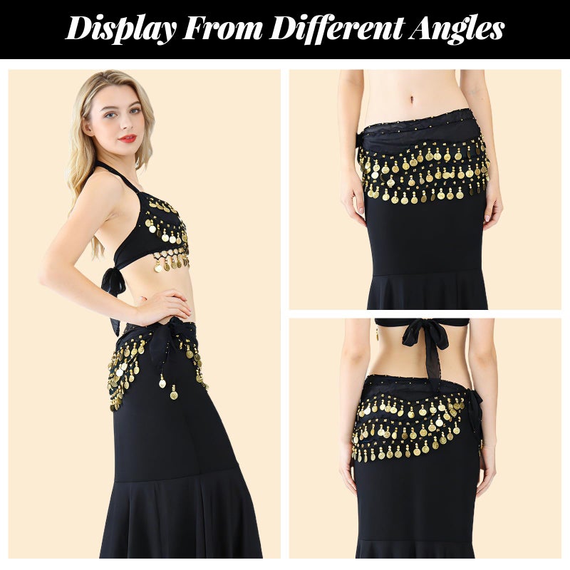 JOLYEAK Belly Dance Hip Scarf Dancing Skirt with Gold Coins Women's Chiffon Belly Dancing Scarf for Yoga Belly Dancing (Black) - Image 3