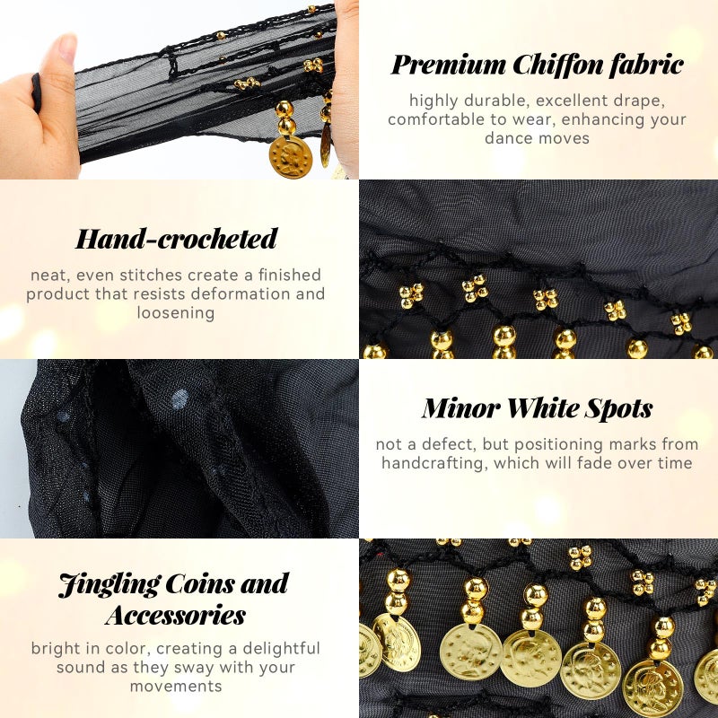 JOLYEAK Belly Dance Hip Scarf Dancing Skirt with Gold Coins Women's Chiffon Belly Dancing Scarf for Yoga Belly Dancing (Black) - Image 4