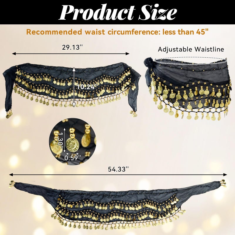 JOLYEAK Belly Dance Hip Scarf Dancing Skirt with Gold Coins Women's Chiffon Belly Dancing Scarf for Yoga Belly Dancing (Black) - Image 2