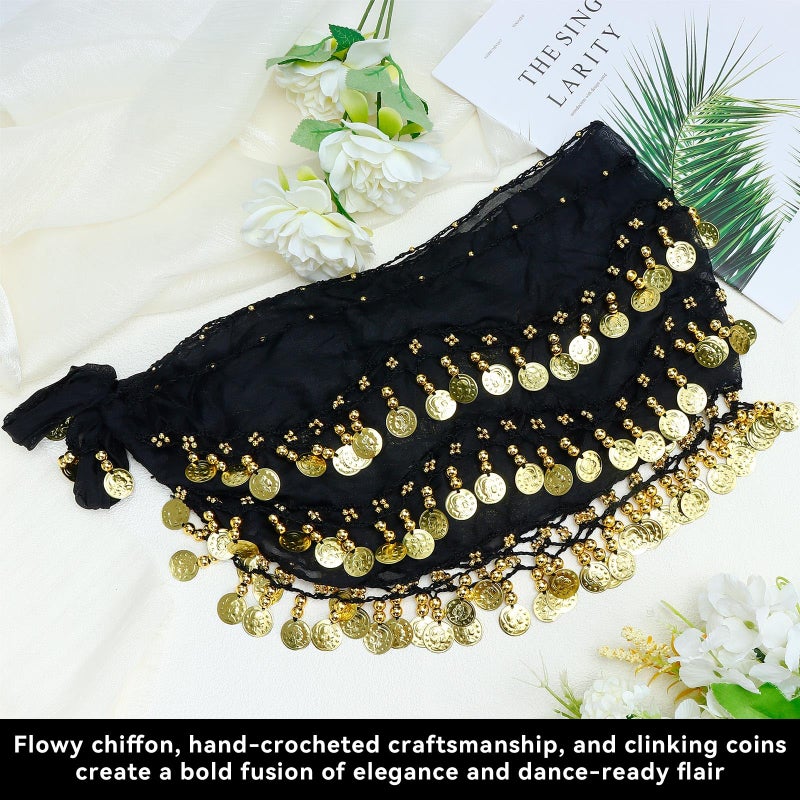 JOLYEAK Belly Dance Hip Scarf Dancing Skirt with Gold Coins Women's Chiffon Belly Dancing Scarf for Yoga Belly Dancing (Black) - Image 5