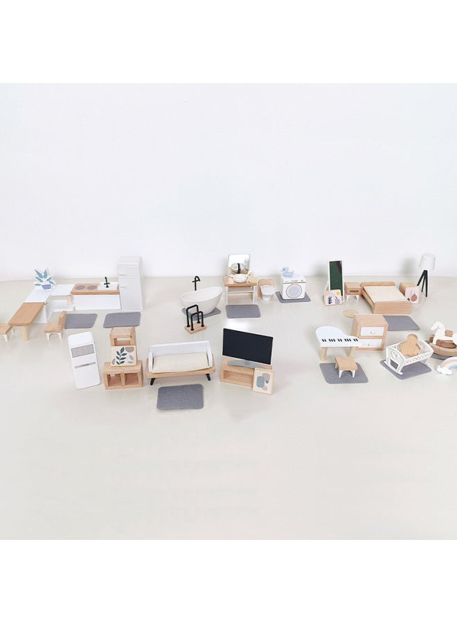 Wooden Children's Simulation Play-in Toys Small Foreign-style House Nordic Style Three-story Elevator Doll House Toy Set-Color:Living Room P0.37 - Image 5