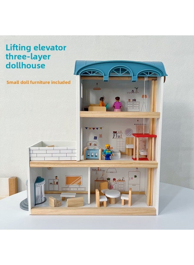 Wooden Children's Simulation Play-in Toys Small Foreign-style House Nordic Style Three-story Elevator Doll House Toy Set-Color:Living Room P0.37 - Image 3