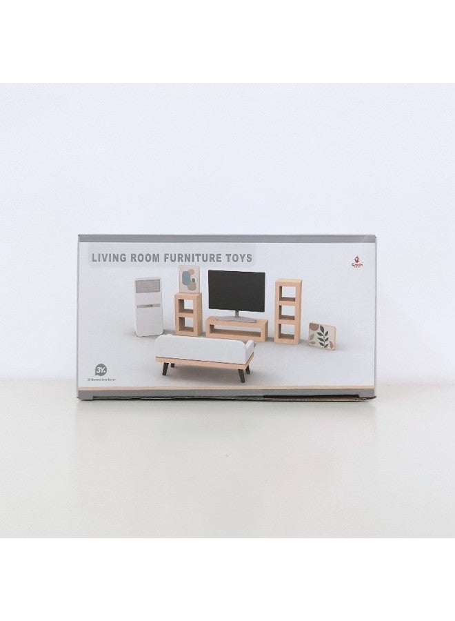 Wooden Children's Simulation Play-in Toys Small Foreign-style House Nordic Style Three-story Elevator Doll House Toy Set-Color:Living Room P0.37 - Image 1