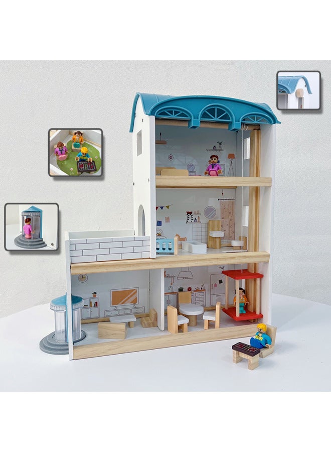 Wooden Children's Simulation Play-in Toys Small Foreign-style House Nordic Style Three-story Elevator Doll House Toy Set-Color:Living Room P0.37 - Image 2