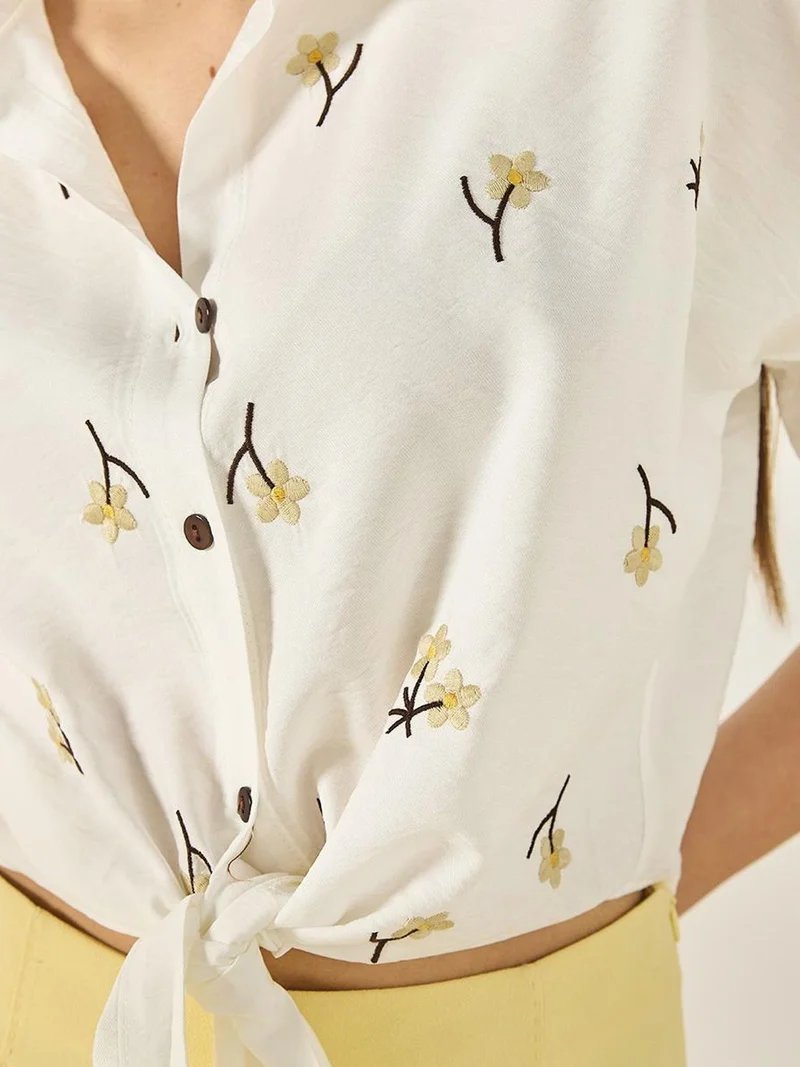 Bianco Lucci White LUCCI Embroidered Poplin Shirt with Button Closure for Women | Best Price UAE