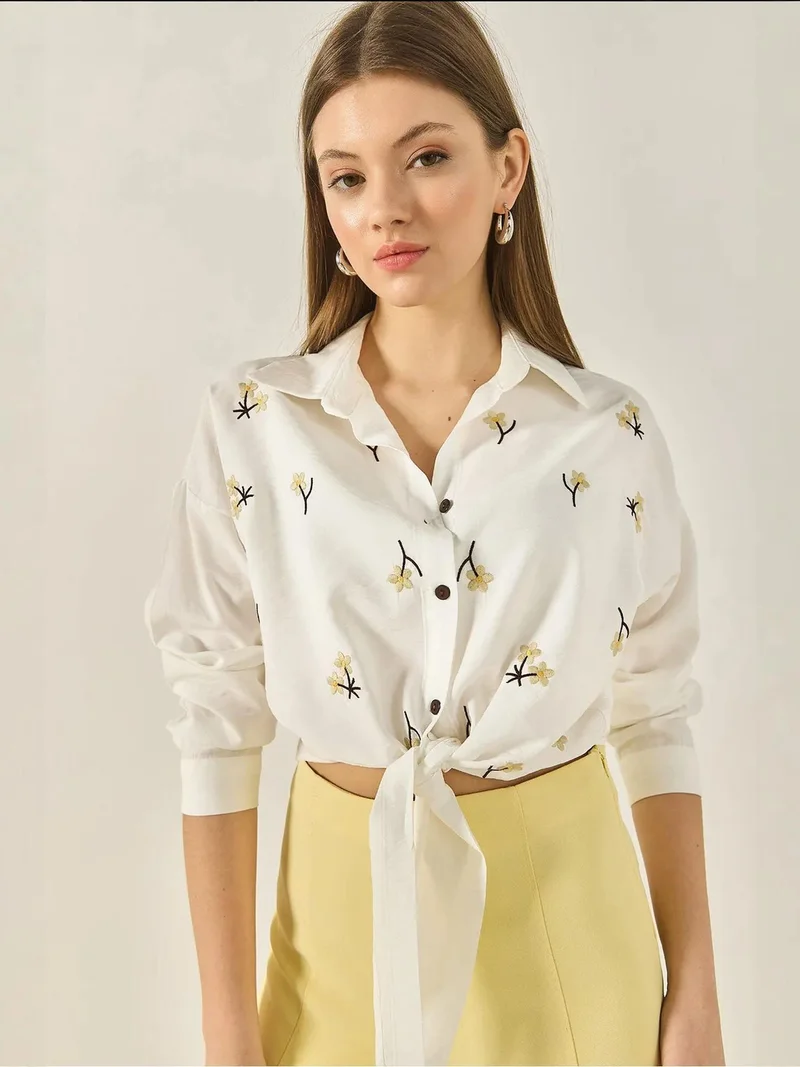 Bianco Lucci White LUCCI Embroidered Poplin Shirt with Button Closure for Women | Best Price UAE