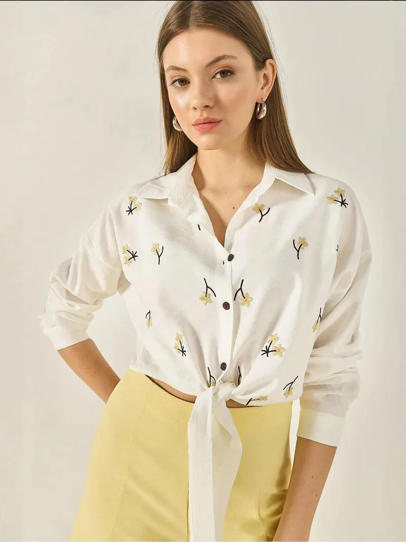 Bianco Lucci White LUCCI Embroidered Poplin Shirt with Button Closure for Women | Best Price UAE