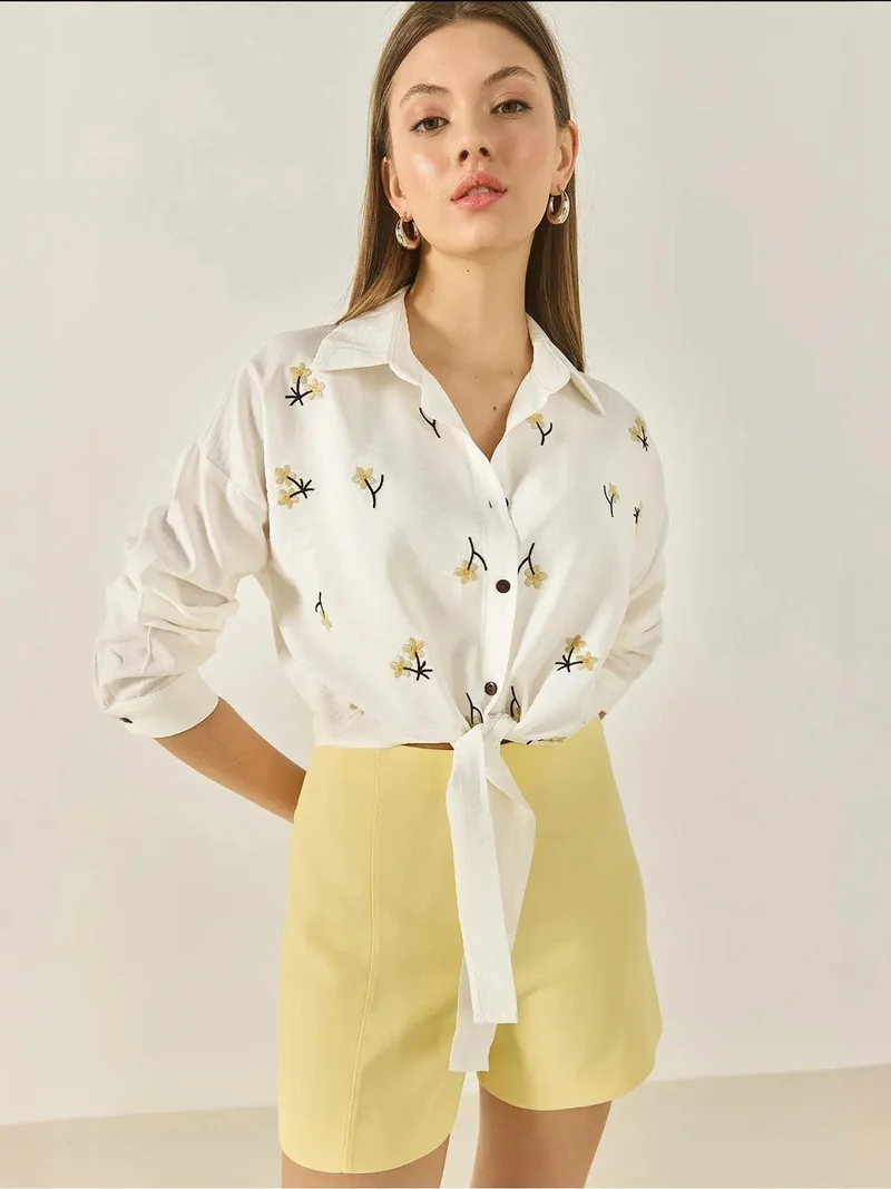 Bianco Lucci White LUCCI Embroidered Poplin Shirt with Button Closure for Women | Best Price UAE