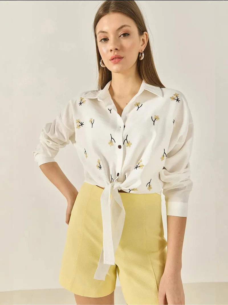 Bianco Lucci White LUCCI Embroidered Poplin Shirt with Button Closure for Women | Best Price UAE