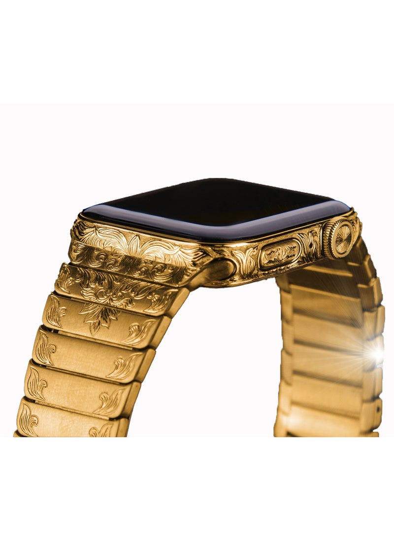 CAVIAR ساعة أبل الفاخرة المخصصة ذهب 24 قيراط وحزام GPS منقوش يدويًا الجيل 9 مقاس 45 ملم  - Image 2