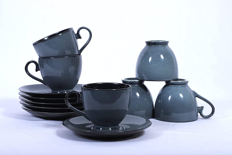 Hitkari Hitkari Potteries Grey Night Cup Saucer Set of 12pcs for 6 for Morning Evening Tea Material Porcelain Elegant Design 12 Pieces Grey Microweb Safe Dishwasher Safe  - Image 1