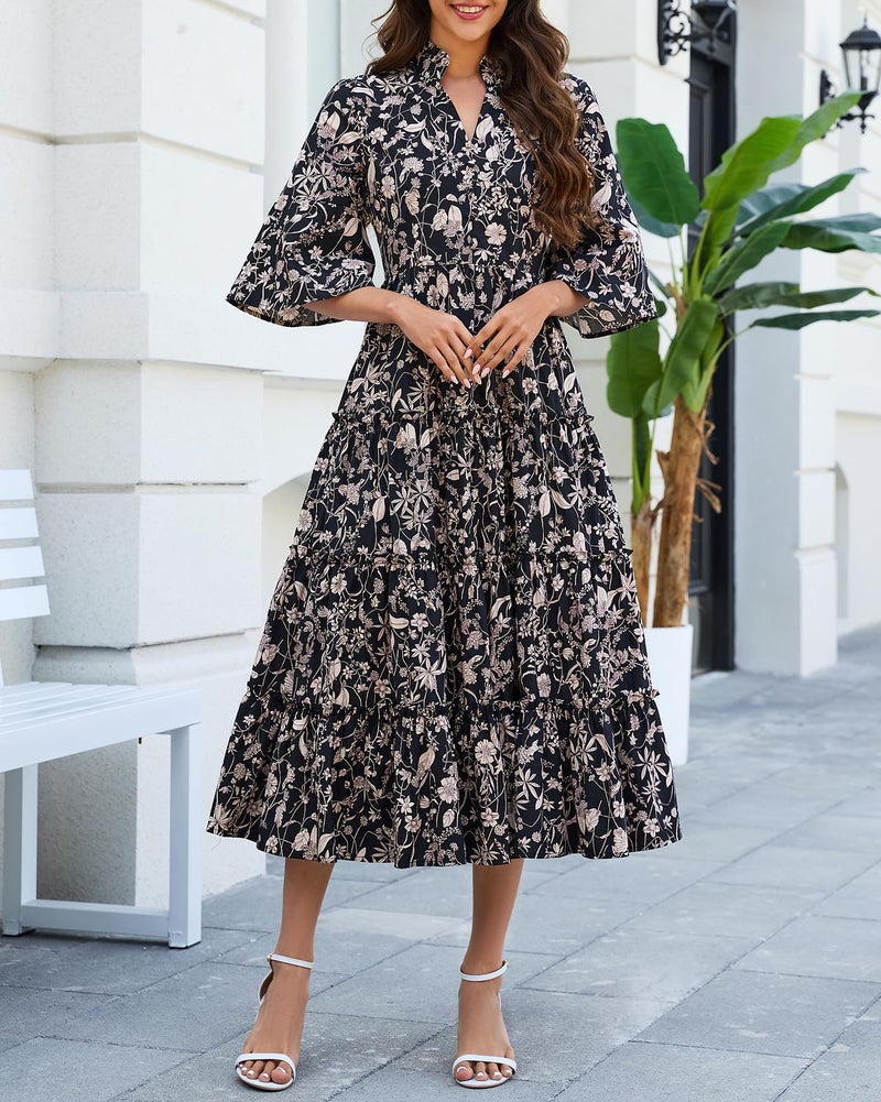 YEXPINE Women's Floral Ruffle Midi Dress V Neck Bell Sleeve Flowy Tiered Long Dress Black - Image 4