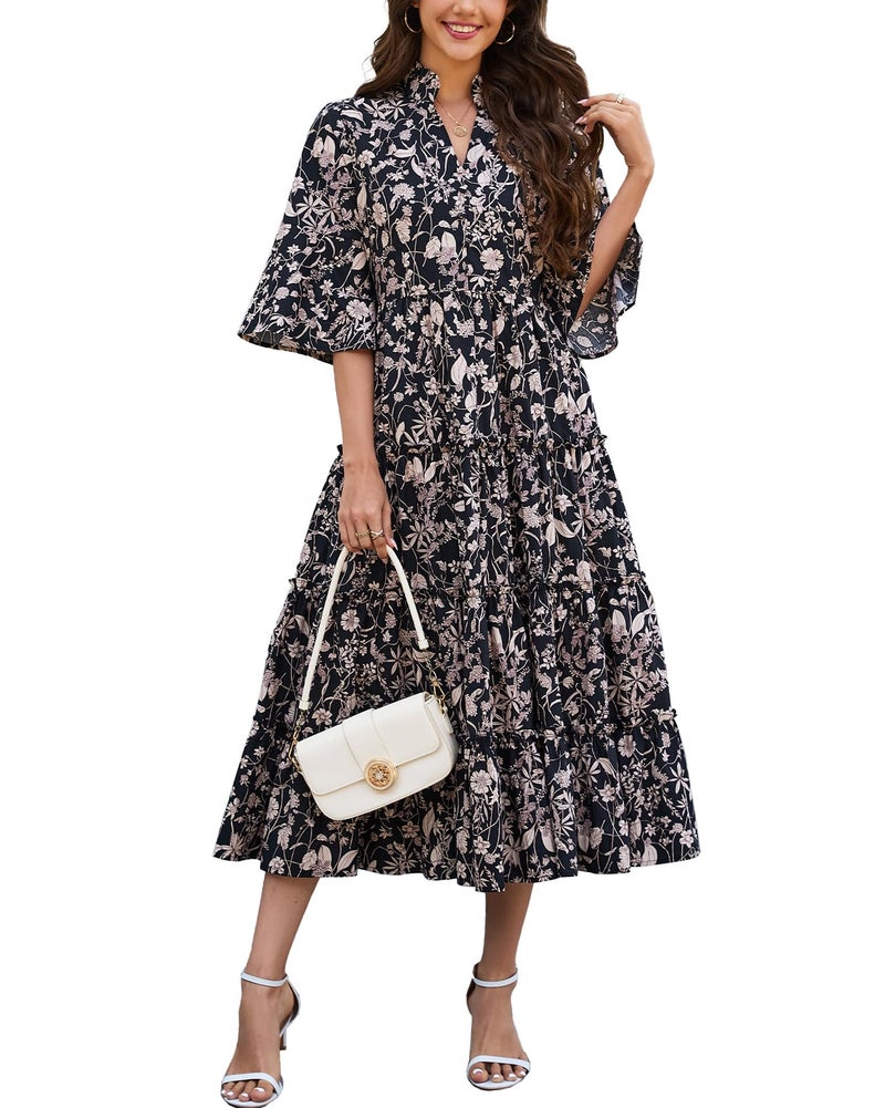 YEXPINE Women's Floral Ruffle Midi Dress V Neck Bell Sleeve Flowy Tiered Long Dress Black - Image 1