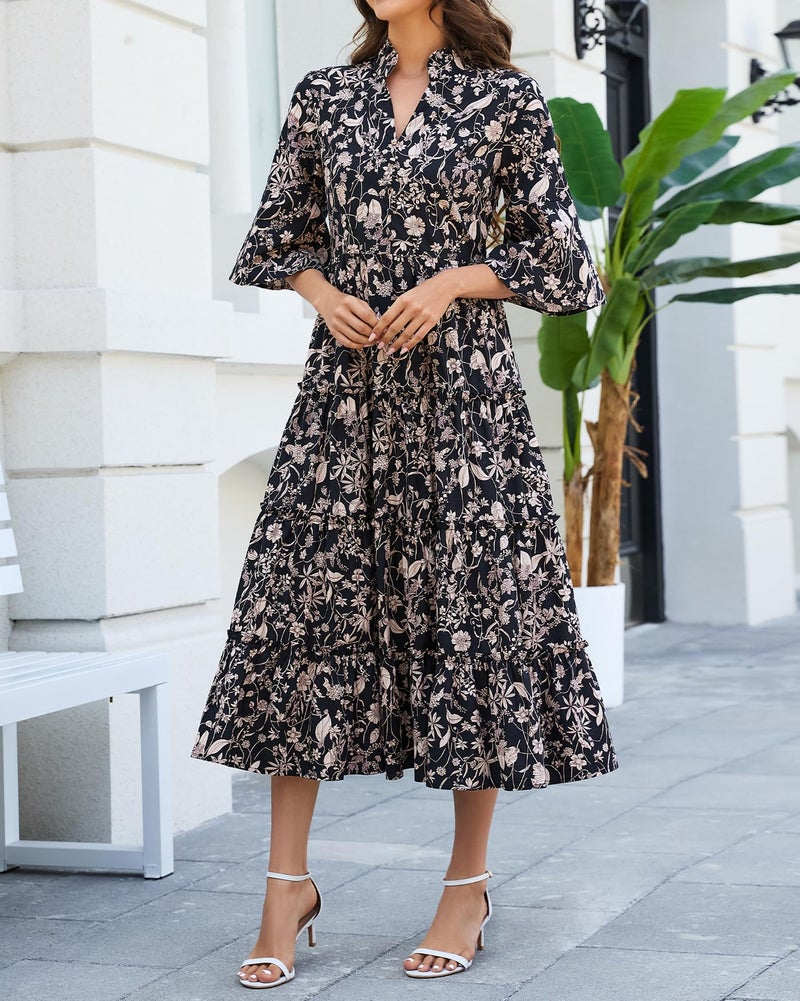 YEXPINE Women's Floral Ruffle Midi Dress V Neck Bell Sleeve Flowy Tiered Long Dress Black - Image 3