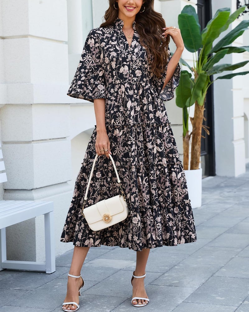 YEXPINE Women's Floral Ruffle Midi Dress V Neck Bell Sleeve Flowy Tiered Long Dress Black - Image 5