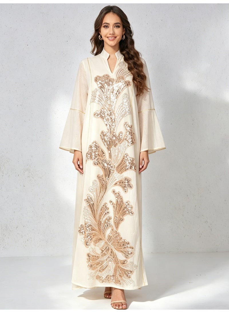 Kaiyuede Dubai Ivory Gold Sequin Embroidered Abaya | Mandarin Collar Flare Sleeve Opaque Lined Modest Dress for Wedding & Eid - Image 1