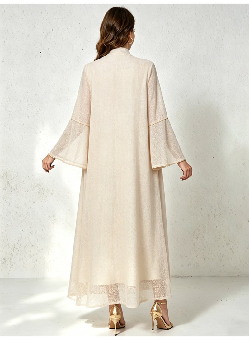 Kaiyuede Dubai Ivory Gold Sequin Embroidered Abaya | Mandarin Collar Flare Sleeve Opaque Lined Modest Dress for Wedding & Eid - Image 2