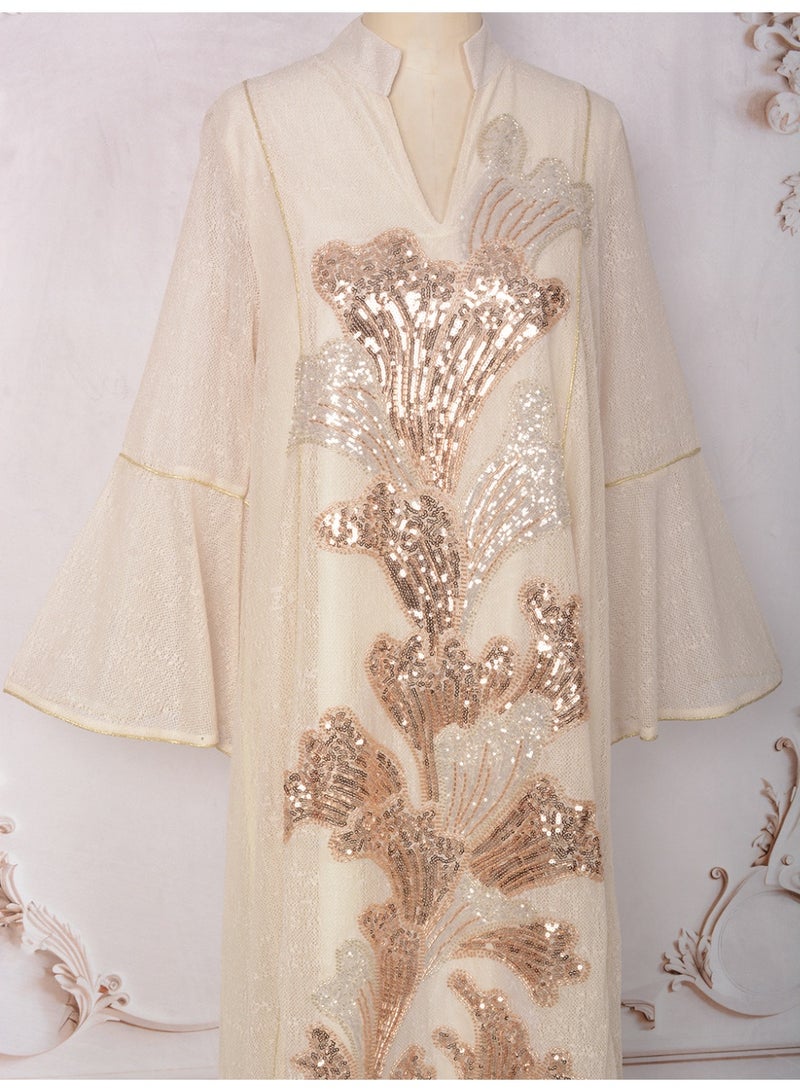 Kaiyuede Dubai Ivory Gold Sequin Embroidered Abaya | Mandarin Collar Flare Sleeve Opaque Lined Modest Dress for Wedding & Eid - Image 3