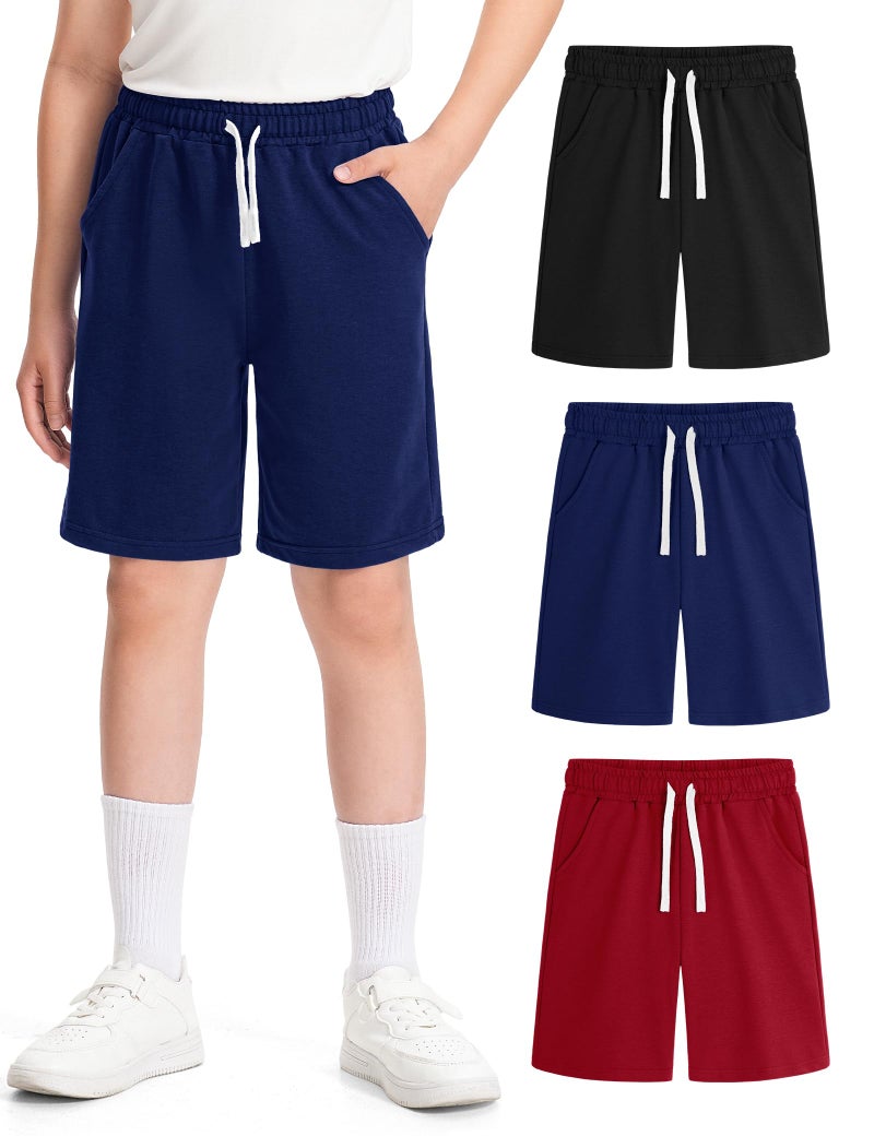 BOOPH 3 Pack Boys Shorts Boy Cotton Athletic Shorts Kids Casual Summer Clothes with Pockets 56 Years BlackNavyWine Red