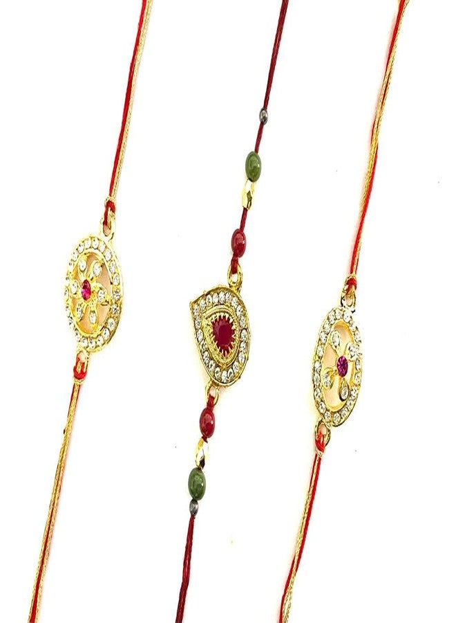 RELBEES Elegant Kundan Rakhi with Roli Chawal/Combo of 3/Rakhi For Brother/Rakhi Set/Gold Plated Rakhi For Brother/Bhaiya/Men/Boys - Image 1