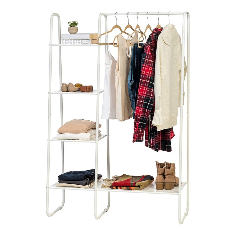 IRIS USA Clothes Rack 4 Metal Shelves Freestanding Clothing Stand For Hanging Clothes Coat Deco Plants Easy Assemble Metal Sturdy Garment Bar Closet Wardrobe Small Space Storage White