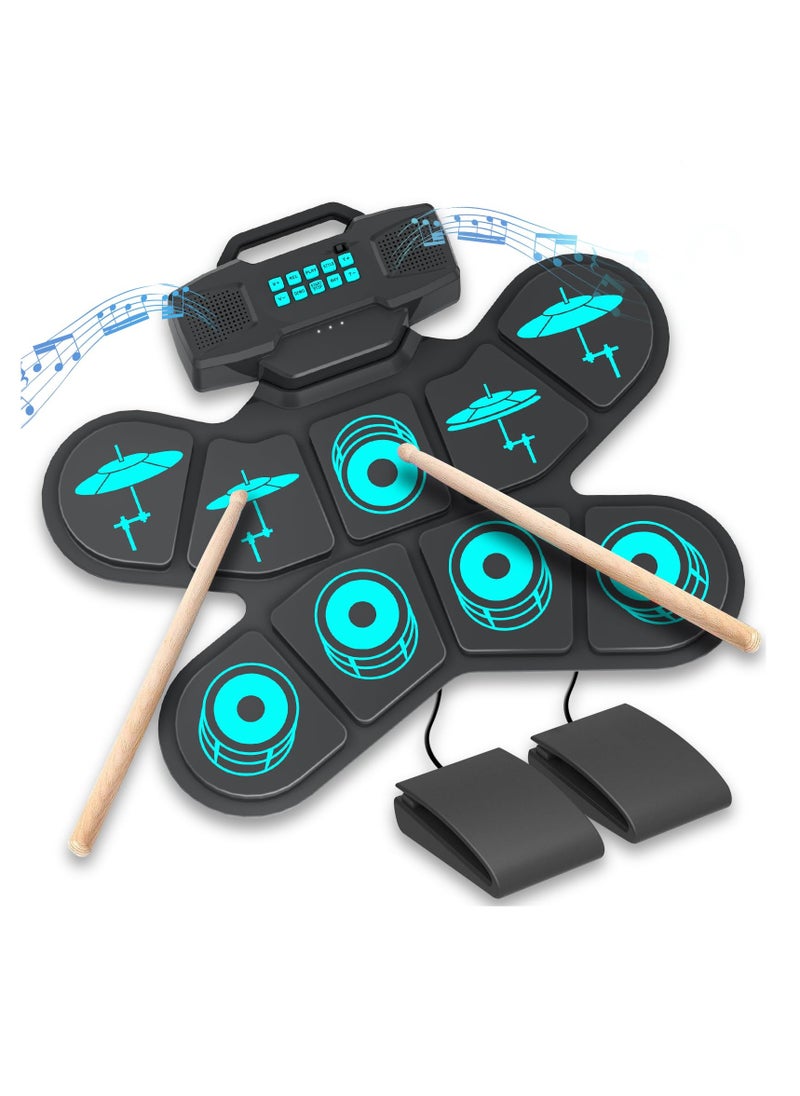 Electronic Drum Sets Portable 9 Pads Electronic Drum Set with USB MIDI Connectivity and Drum Sticks Foot Pedals Built in Stereo Dual Speakers for Beginner or Kid's New Years and Birthday Gift  - Image 1