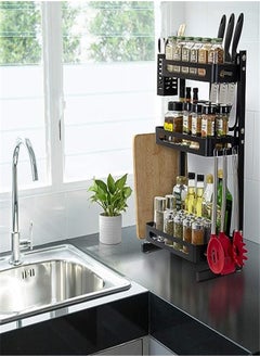 Goolsky Goolsky 3-Tier Kitchen Spice Rack Utensil Holder, Countertop Freestanding Shelf Organizer for Jars, Bottles, etc, Includes Knife, Cutlery, Chopping Board Storage, plus 3 Hooks, Metal (Black, 3-Tier)  - Image 3