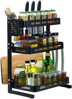 Goolsky Goolsky 3-Tier Kitchen Spice Rack Utensil Holder, Countertop Freestanding Shelf Organizer for Jars, Bottles, etc, Includes Knife, Cutlery, Chopping Board Storage, plus 3 Hooks, Metal (Black, 3-Tier)  - Image 2