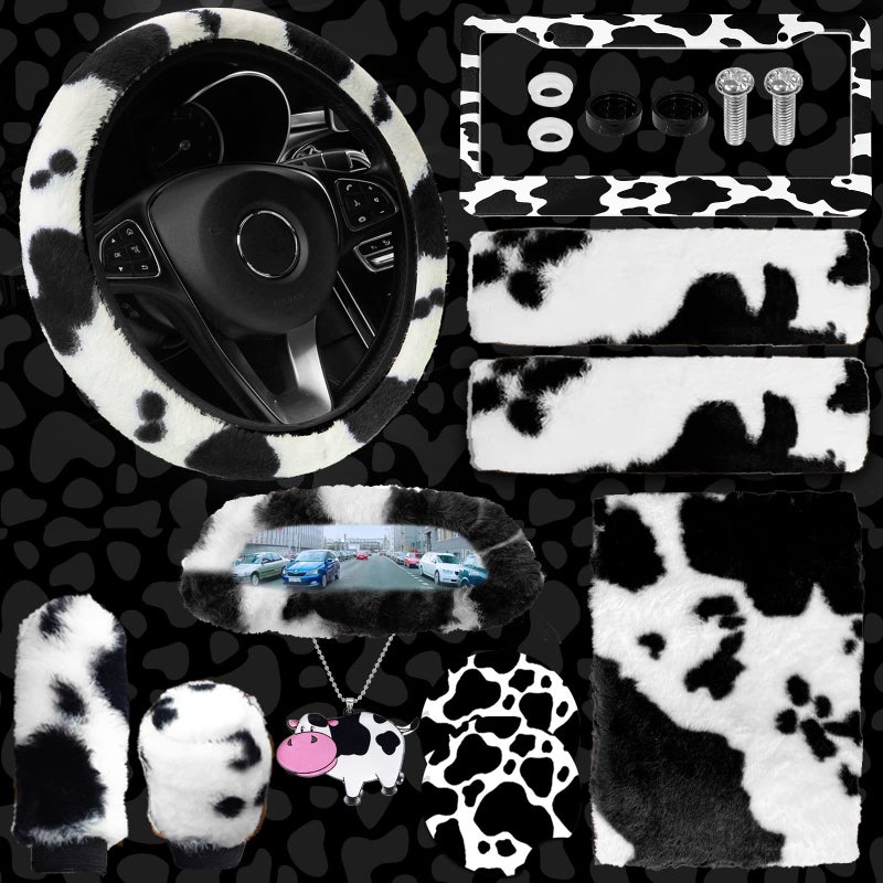 JINGSEN11 Pieces Fluffy Car Accessories SetFluffy Cow Print Plush Steering Wheel Covers for Women Soft Fleece Handbrake Cover Shift Cover Car Trim Warm NonSlip Black - Image 2